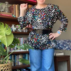 Vintage 80s black spotted long sleeve peplum top
